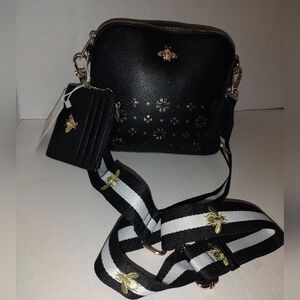 Black Crossbody Bag with Gold Bee Accent